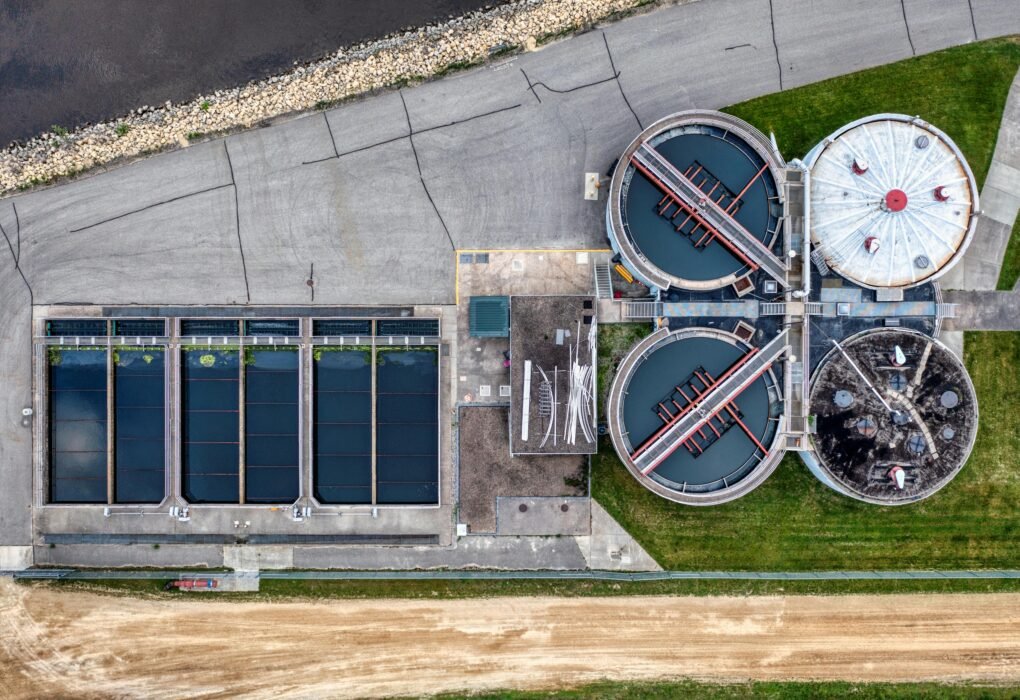 A comprehensive aerial perspective of a water treatment plant in Red Wing, Minnesota.