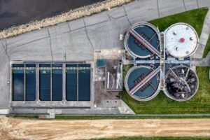 A comprehensive aerial perspective of a water treatment plant in Red Wing, Minnesota.