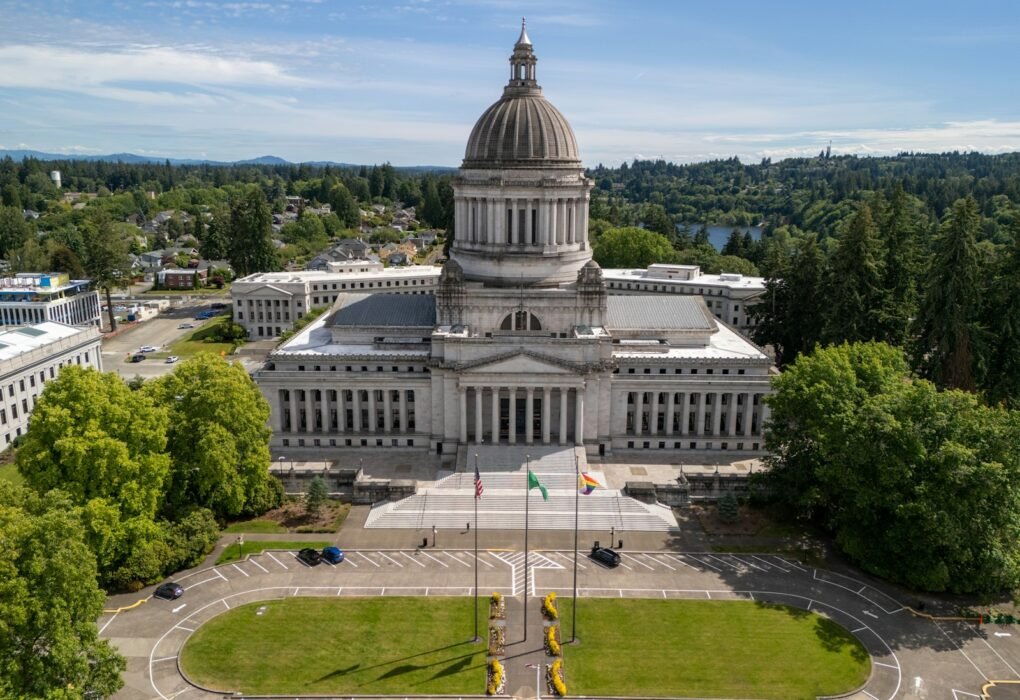 An aerial view of the capitol building in washington d c